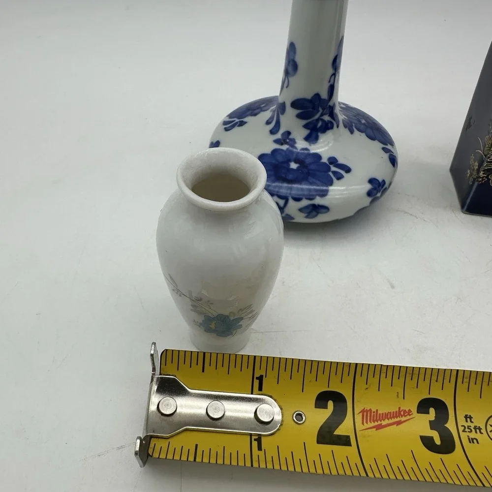 Vintage Lot Of 3 Miniature Porcelain Blue And White Vases 2-4